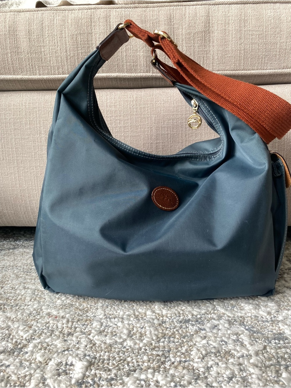 Longchamp Navy Crossbody Hobo with Brown Accents